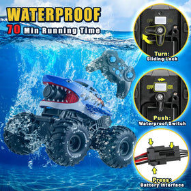 BOBXIN amphibious RC shark monster truck water-squirting action in pool