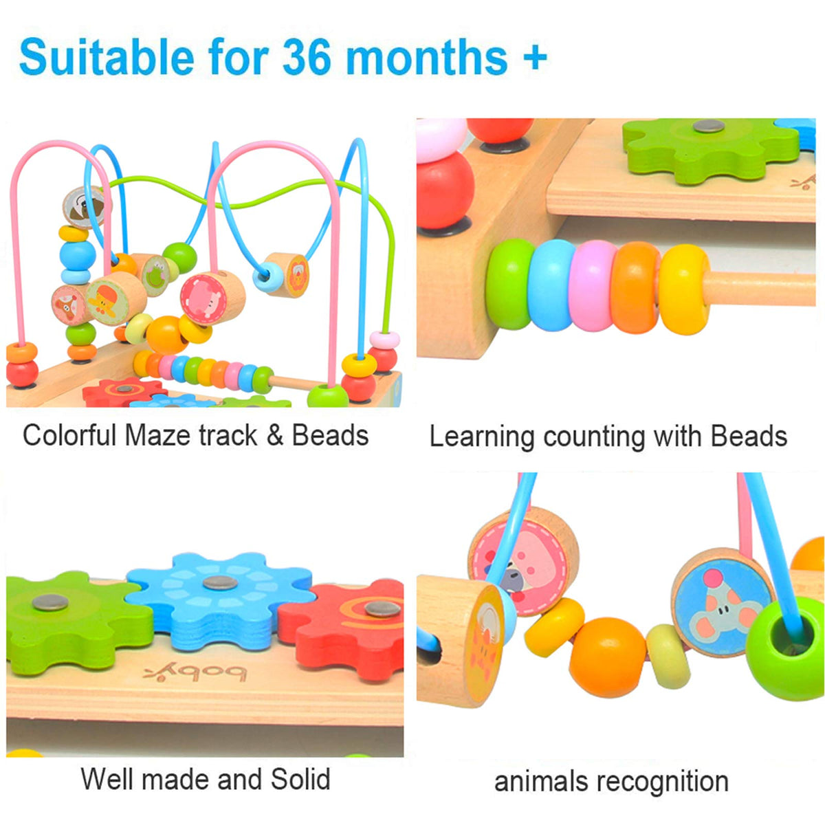 Boby bead maze roller coaster action encourages hand-eye coordination during play.