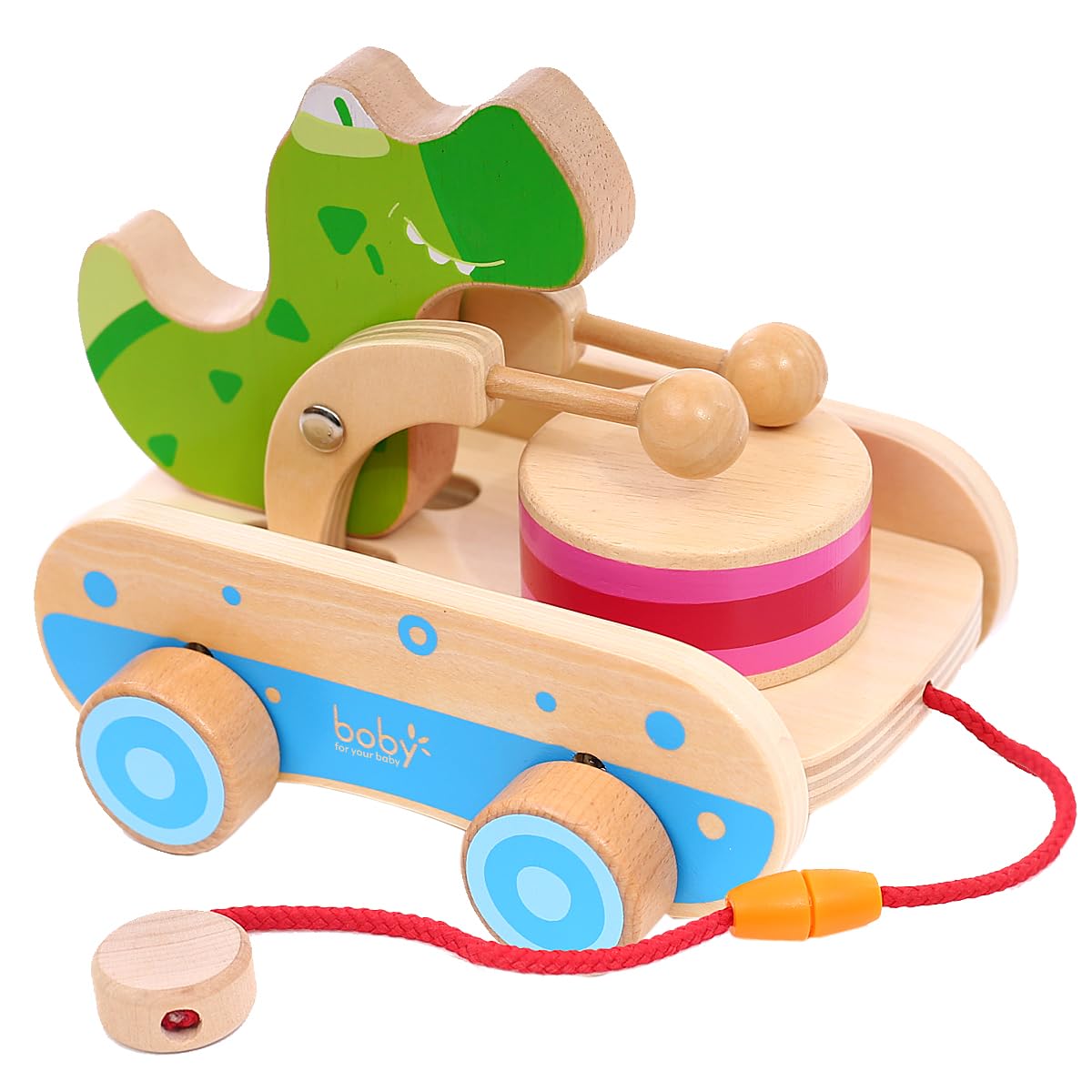 Boby wooden crocodile pull toy for babies with drum for engaging walking