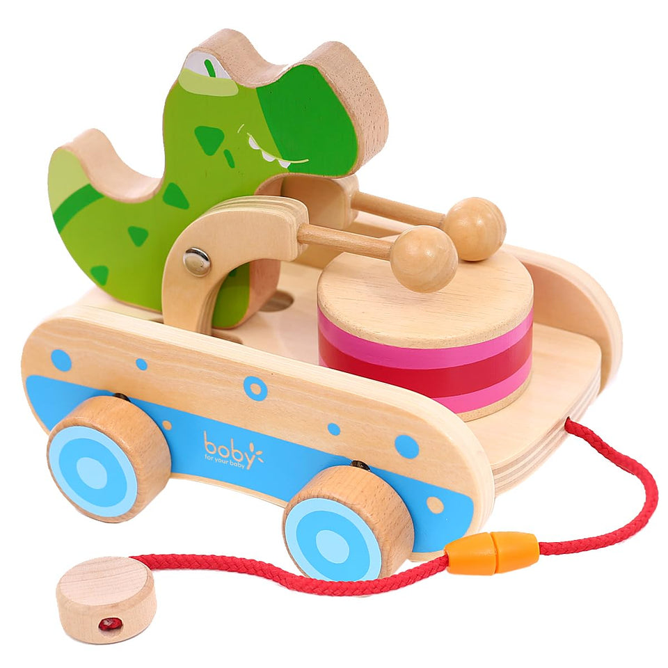 Boby wooden crocodile pull toy for babies with drum for engaging walking