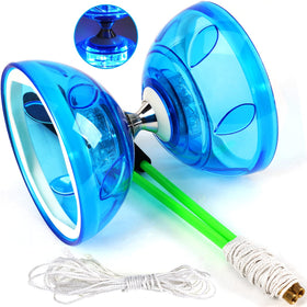 BodyRhythm five bearings diabolo with LED in blue for beginner-friendly tricks and fitness.