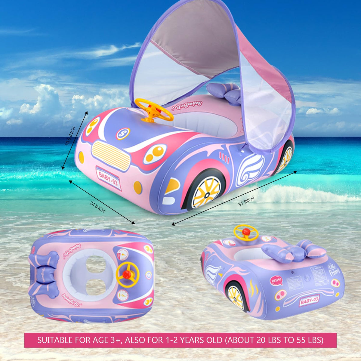 BOffer 3D car design toddler float featuring a steering wheel for interactive play.