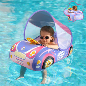 BOffer baby pool float with pink canopy providing shade and comfort for little swimmers.