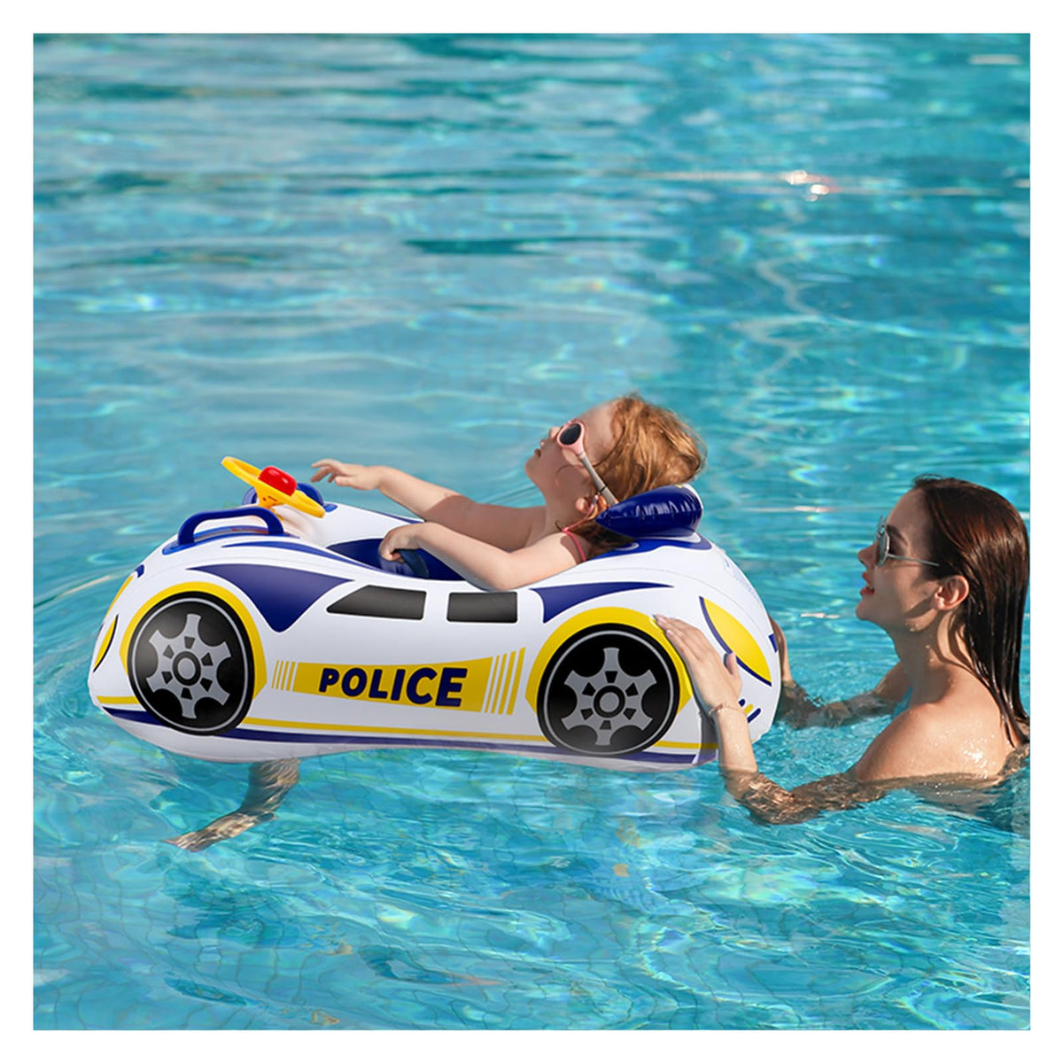 BOffer police car toddler pool float with steering wheel for safe, supervised water play.