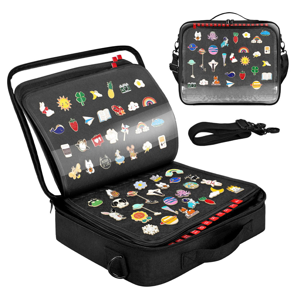 BOHEMIABY 18-page enamel pin display book closed for secure travel storage.