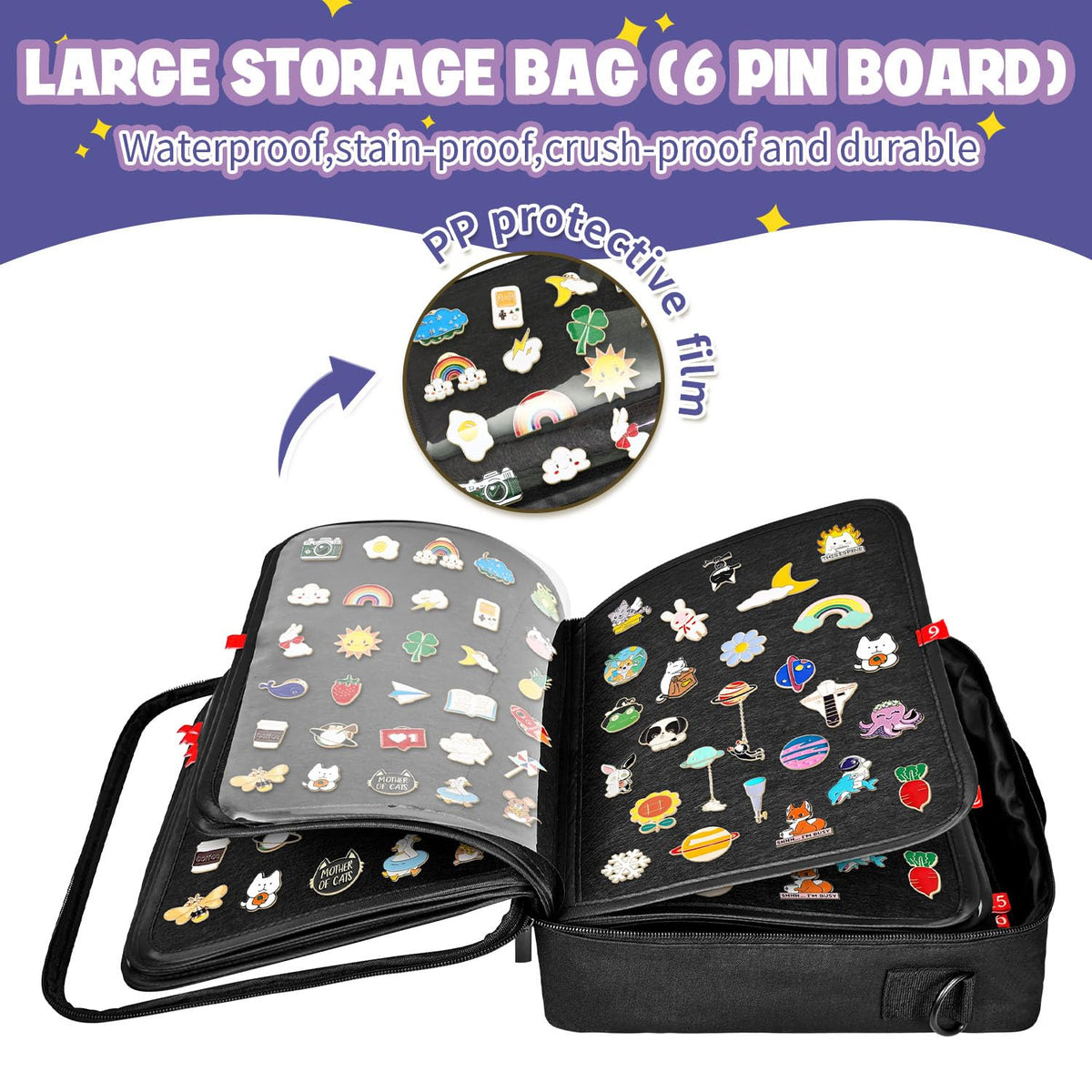 BOHEMIABY 18-page enamel pin display book open with clear pin pages.