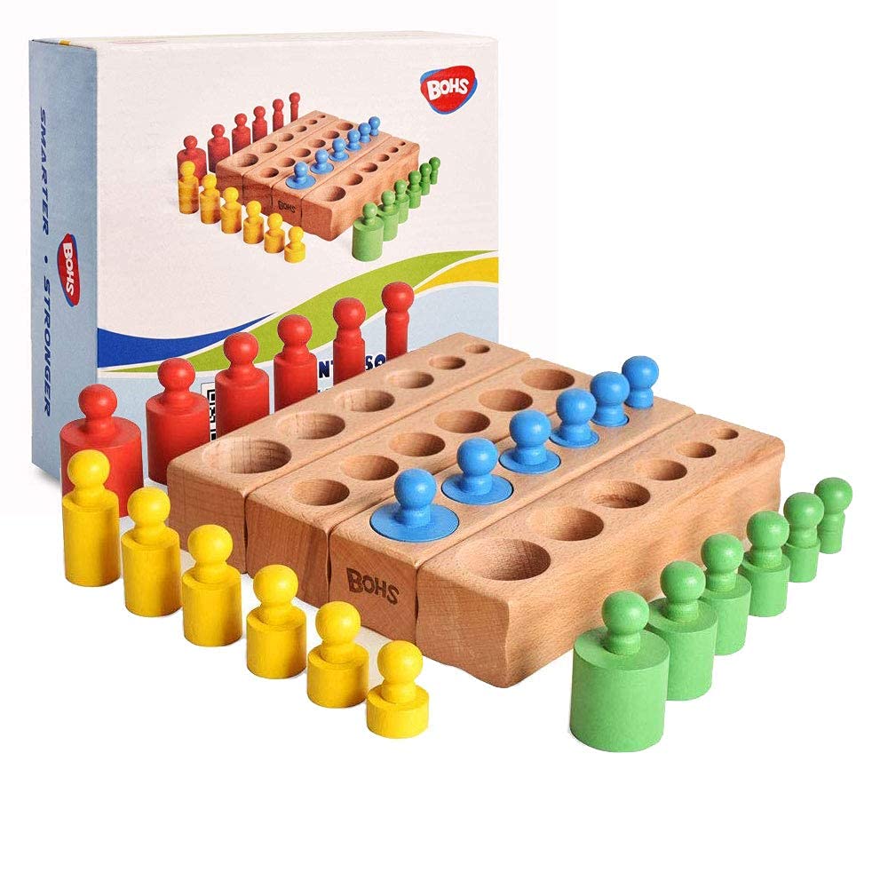 BOHS knobbed cylinders blocks four-piece set arranged for color and size recognition practice