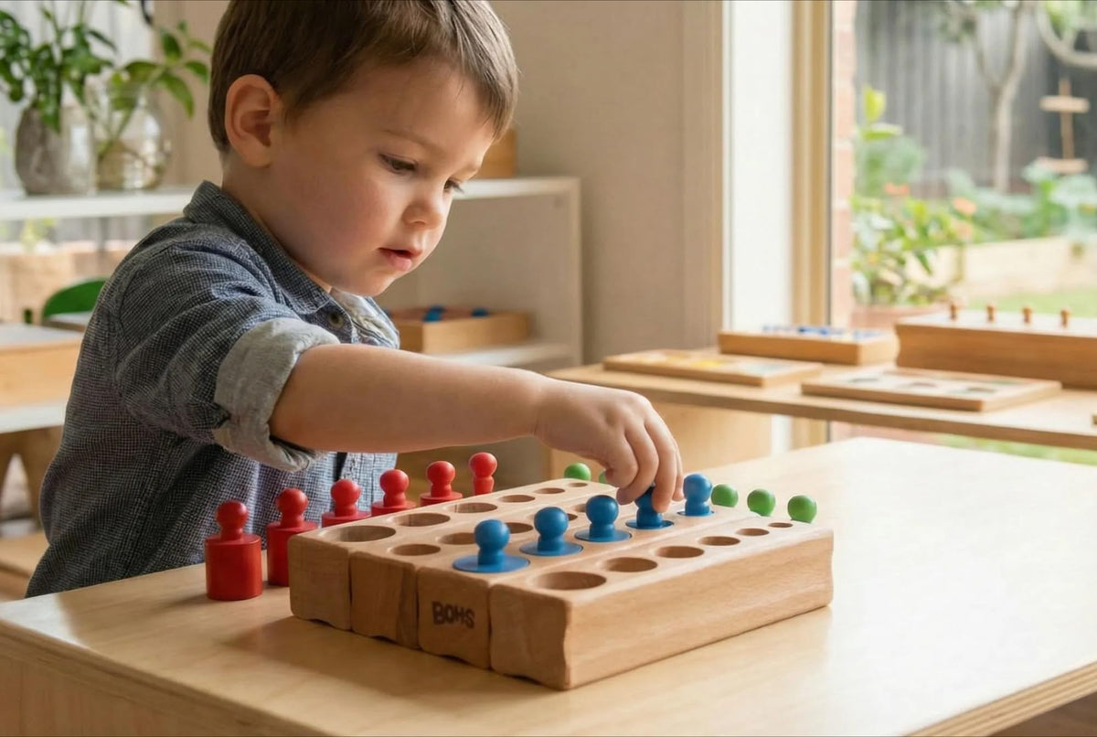 BOHS knobbed cylinders blocks close-up of smooth wood and tactile knobs for fine motor skills
