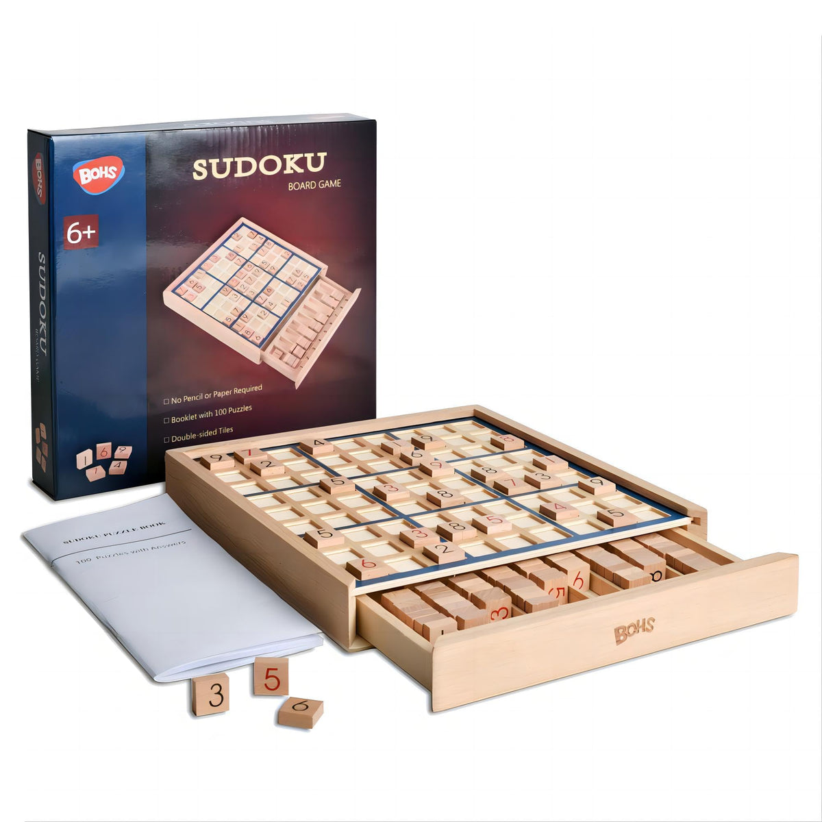 BOHS wooden Sudoku board with drawer shown for organized puzzle play