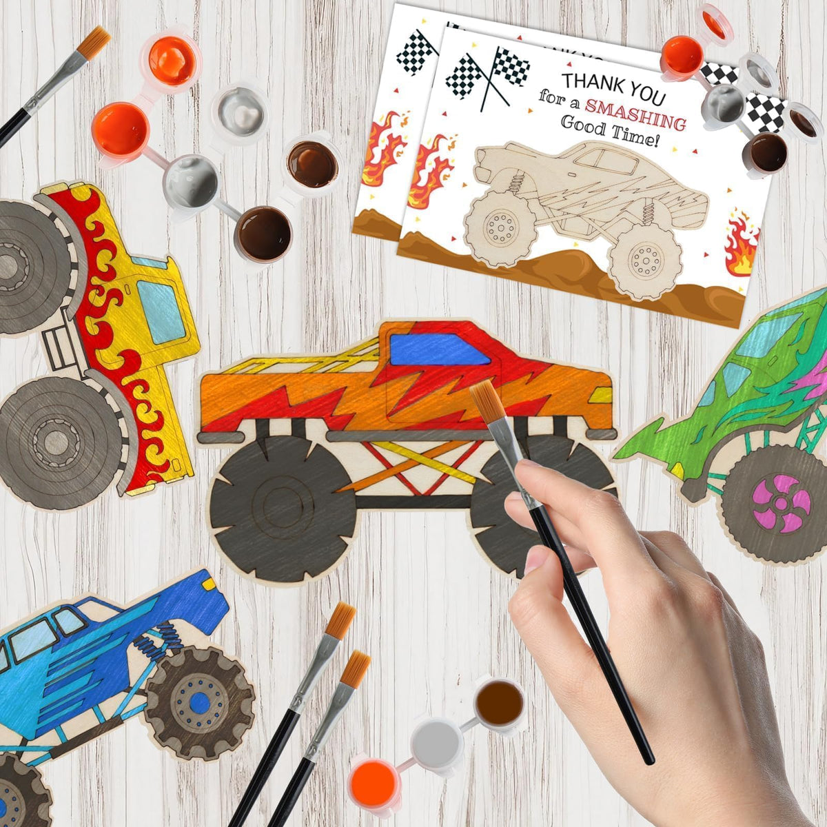 Boikoky Monster Truck paint pots included for creative kid-friendly activity.