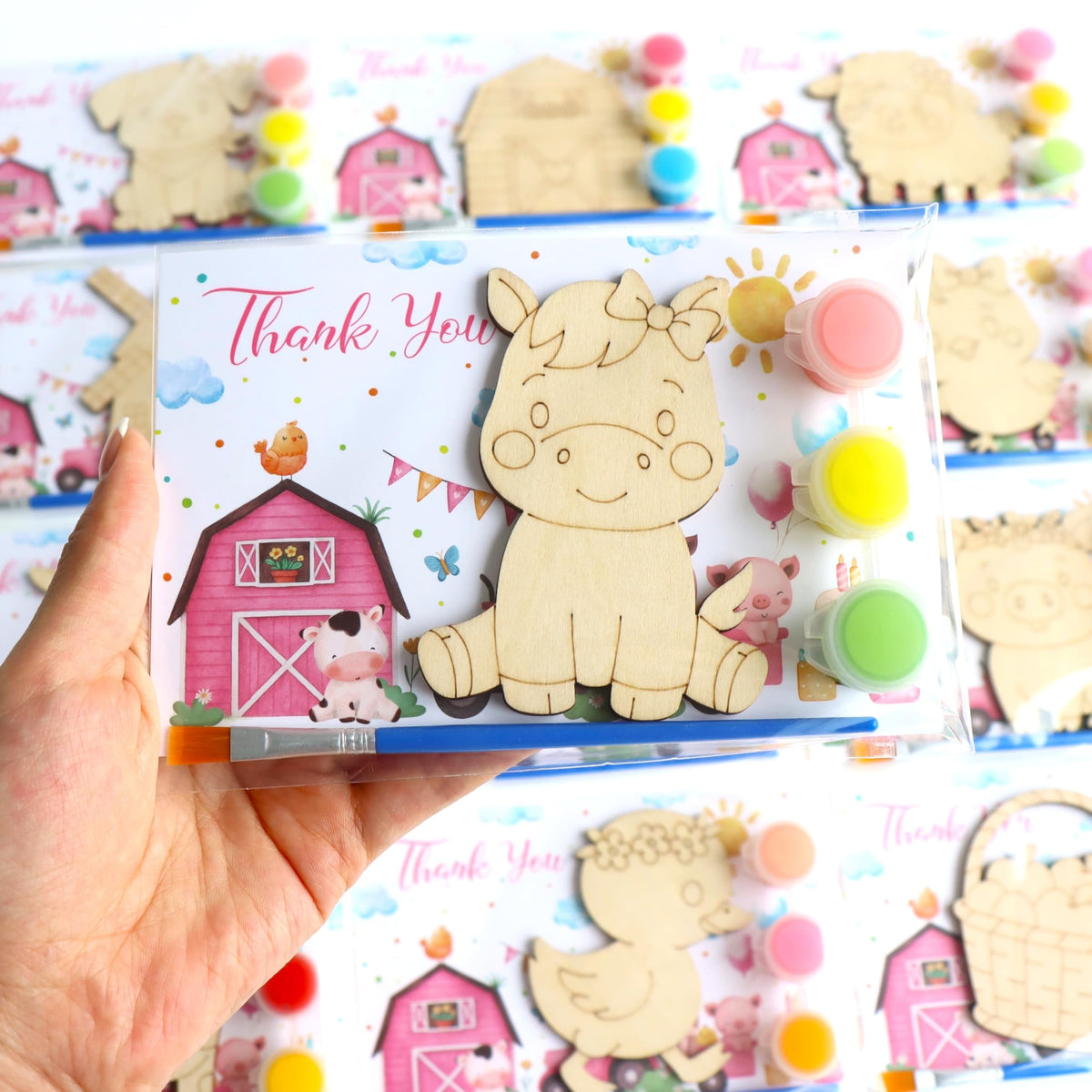 BOIKOKY pink farm party kit with wooden magnet for kid-friendly crafts.