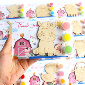 BOIKOKY pink farm party kit with wooden magnet for kid-friendly crafts.