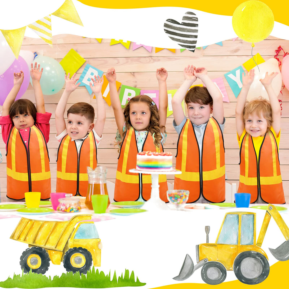 Bokon orange kids construction vest, pack shot, 12-pack for party outfits and easy distribution