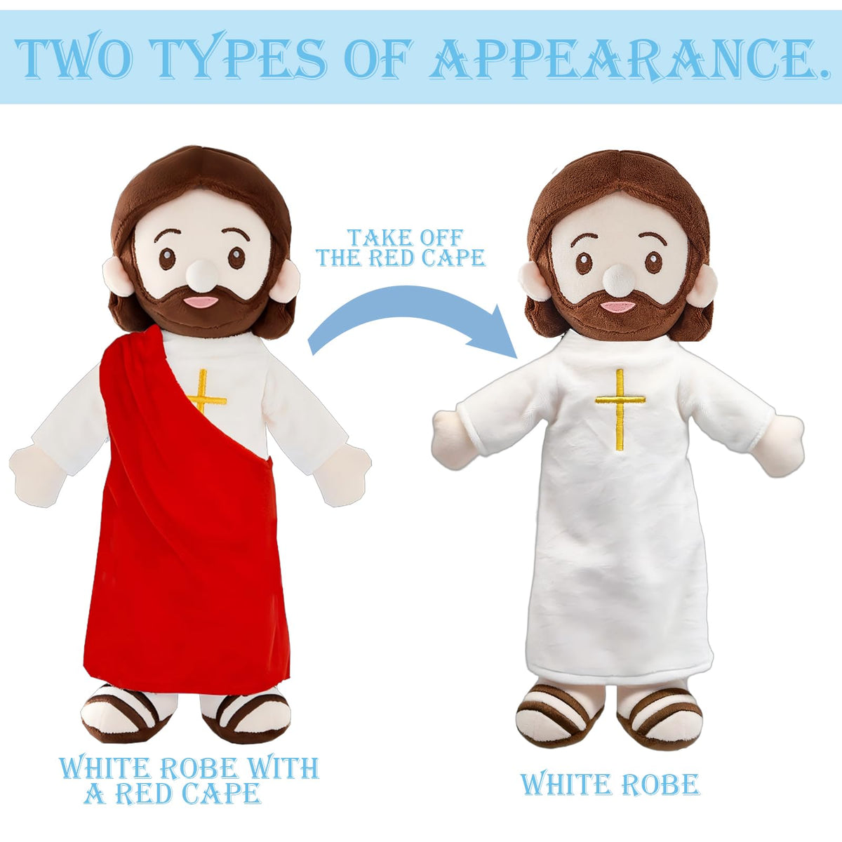 BOKUFLY Jesus Plush Doll cross embroidery detail for faith-inspired decor.