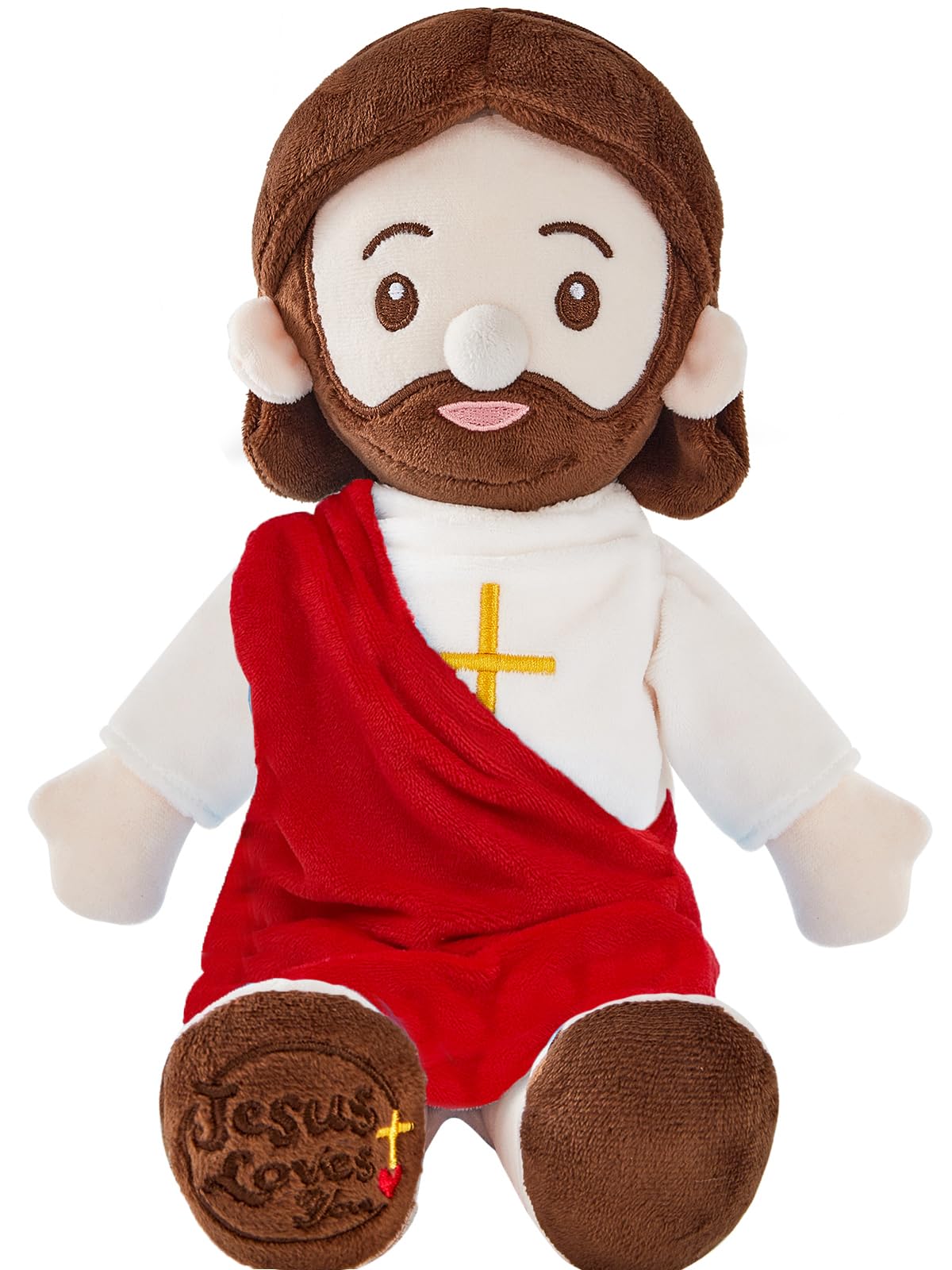 BOKUFLY Jesus Plush Doll in red robe, front view, comforting display.