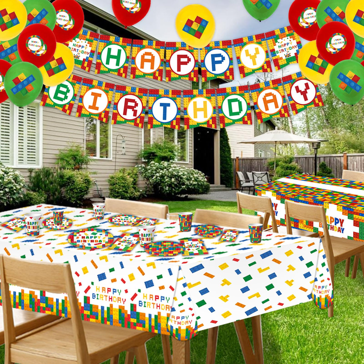 Bolake Building Block banner, balloons, and tablecloth set to brighten the party.