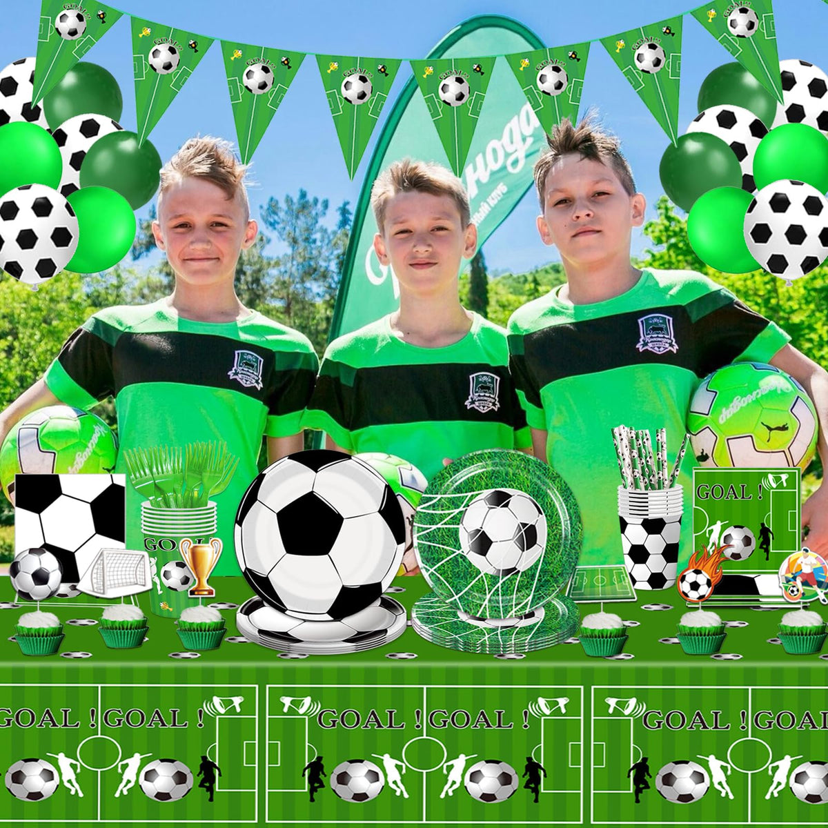 Bolake soccer party supplies array ideal for birthdays and viewing parties.