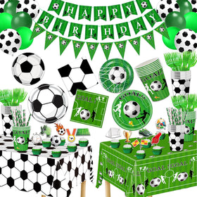 Bolake soccer party plates setup with stadium-inspired designs for easy cleanup.