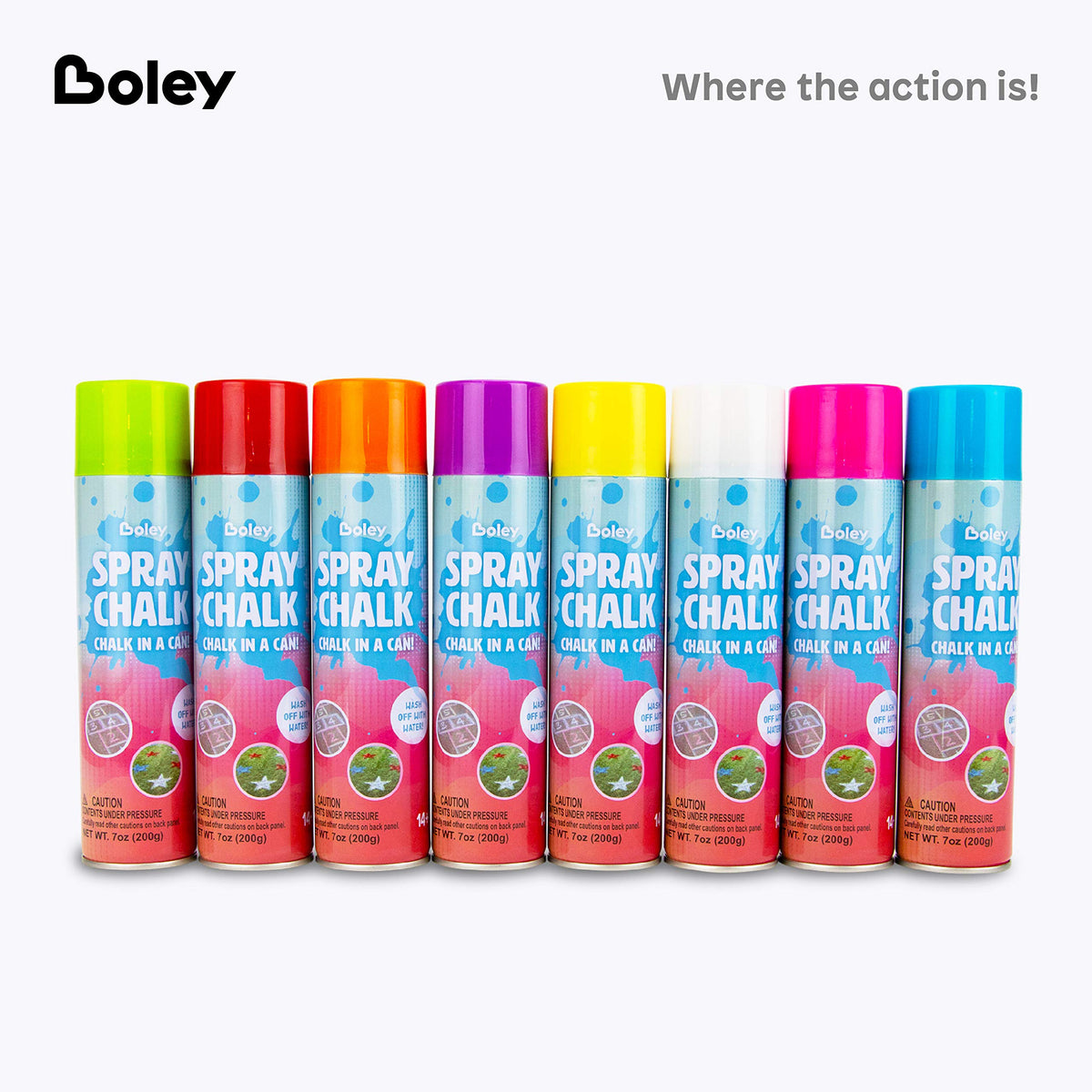 Boley spray chalk 8-pack box showcases a full color range for outdoor fun.