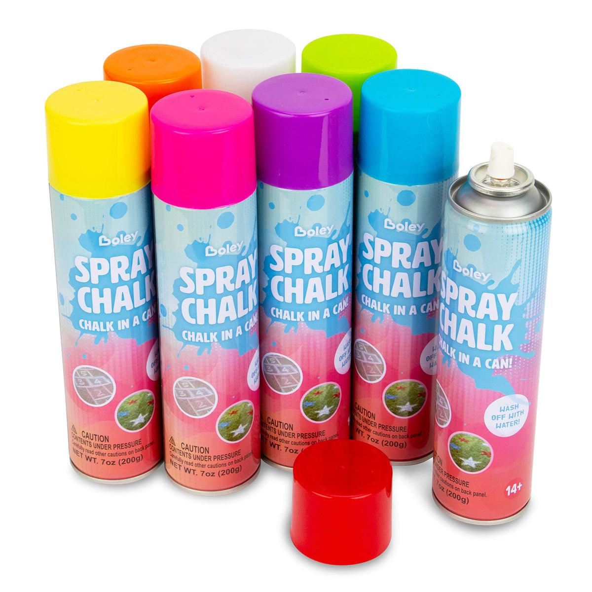 Boley blue spray chalk can for outdoor pavement art; washable and family-friendly.