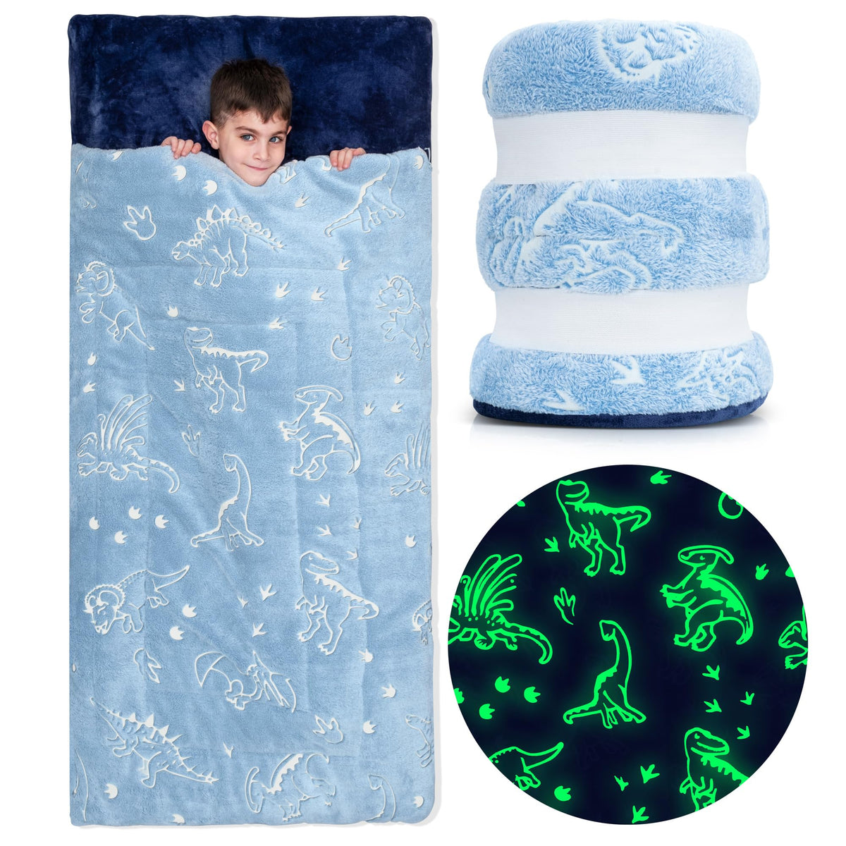 Bollepo dinosaur glow sleeping bag for kids at night.