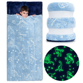 Bollepo dinosaur glow sleeping bag for kids at night.