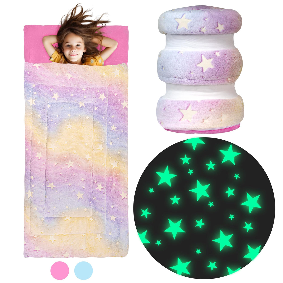 Bollepo rainbow stars sleeping bag for kids, roomy 66x33 inches for cozy nights