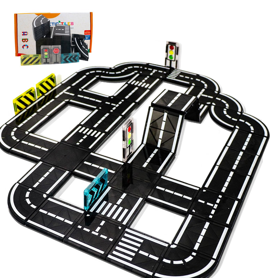 BOLORBT Magnetic Tiles Road Set wide view creates a kid-friendly city layout for imaginative play.