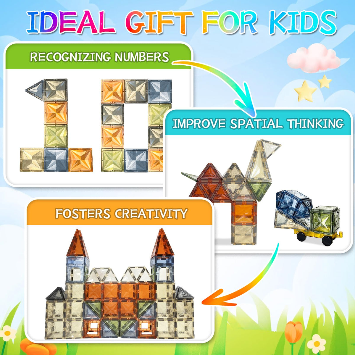 Bolorbt magnetic tiles include two cars for construction play