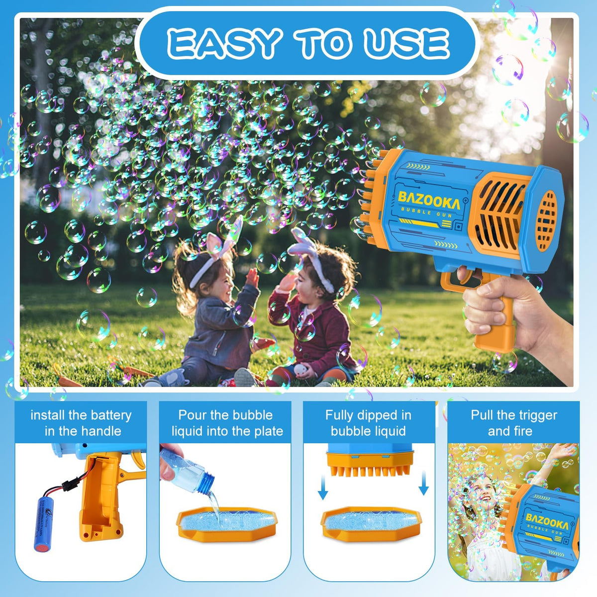 Battery and charger included with BOMOCO bubble gun for ready use.