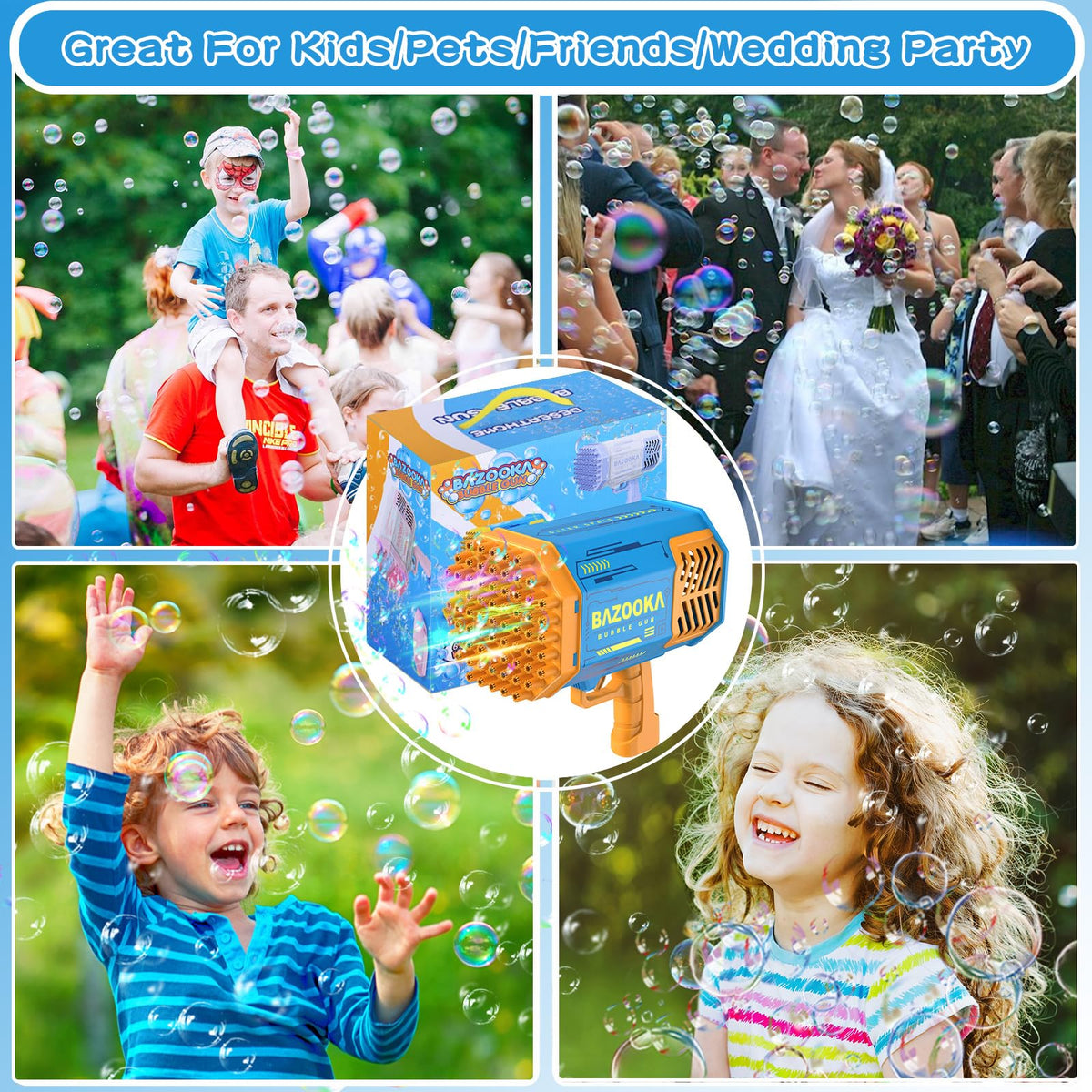 Ideal for birthday parties with BOMOCO bubble gun and vibrant bubbles.