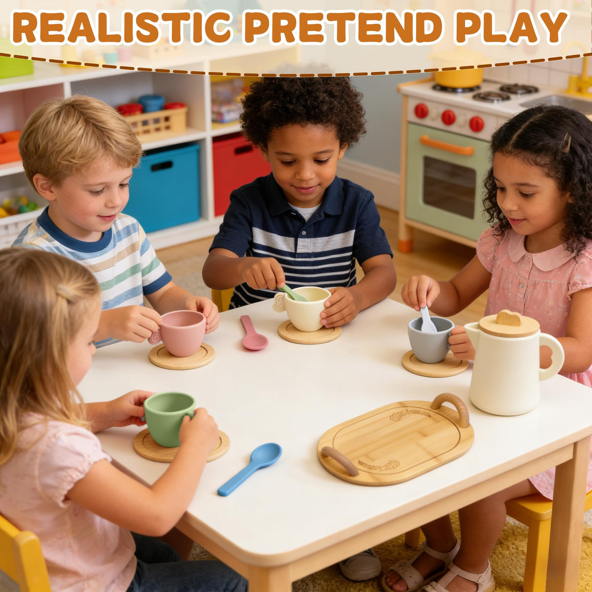 BOMOKS tea party play scene image inspires imaginative, screen-free fun.
