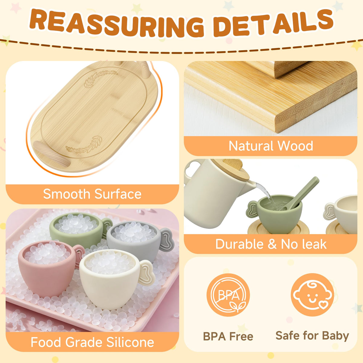 BOMOKS wooden tea set teacups image shows silicone cups for gentle grip.