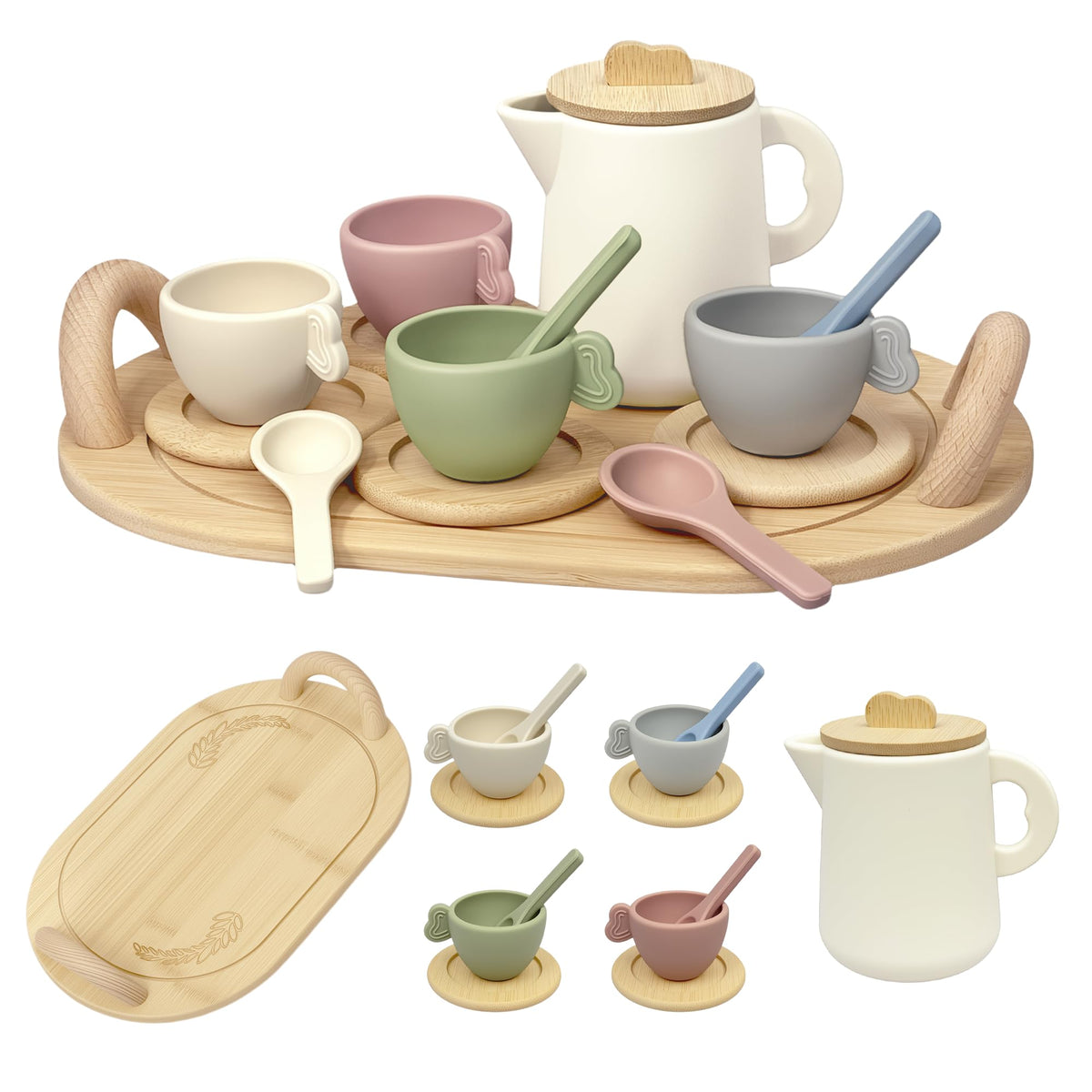 BOMOKS wooden tea set teapot image highlights durable toddler-friendly design.