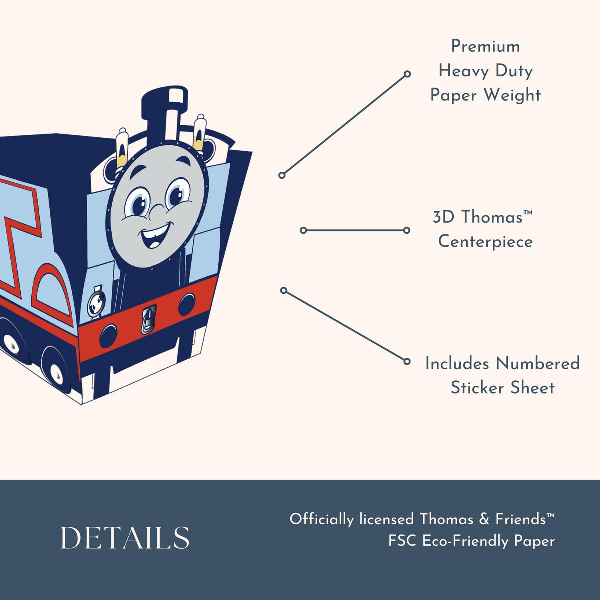 Bonjour Fete Thomas & Friends centerpiece uses FSC-certified materials for eco-friendly party décor.
