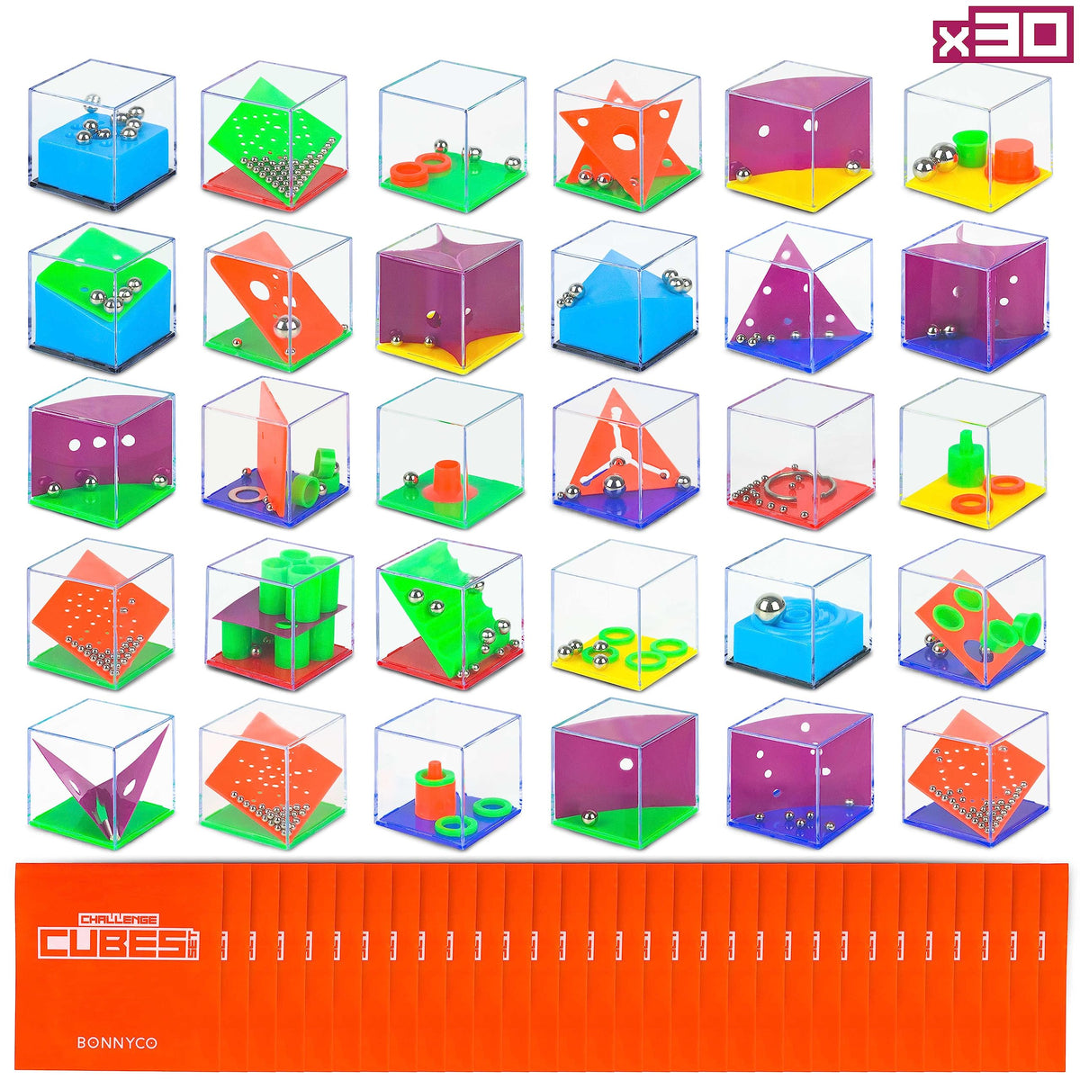 BONNYCO brain teaser cubes in a colorful pack for party favors and screen-free play.