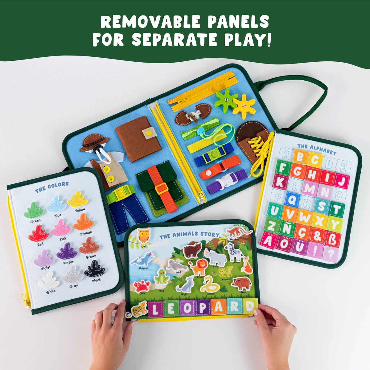 Bonnyco Busy Board with closures, fine motor practice in a portable format.