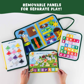 Bonnyco Busy Board with closures, fine motor practice in a portable format.