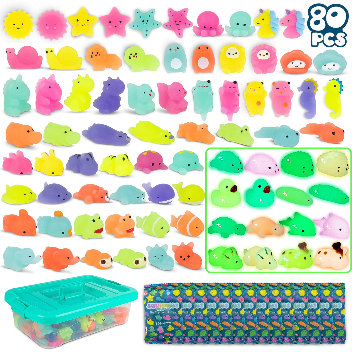 BONNYCO 80-pack assorted mochi squishies in bags, ideal for party favors.
