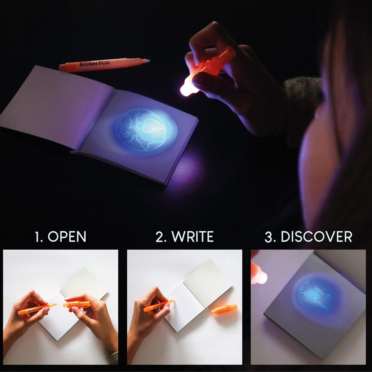 BONNYCO spy pen with red casing reveals secret messages under UV light