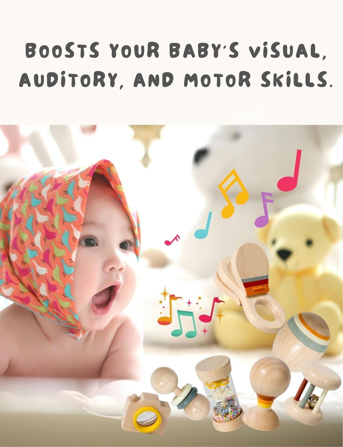 BONOVISTA organic infant rattle close-up promoting soothing auditory engagement.