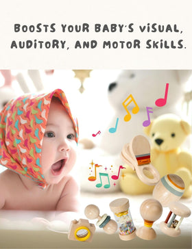 BONOVISTA organic infant rattle close-up promoting soothing auditory engagement.