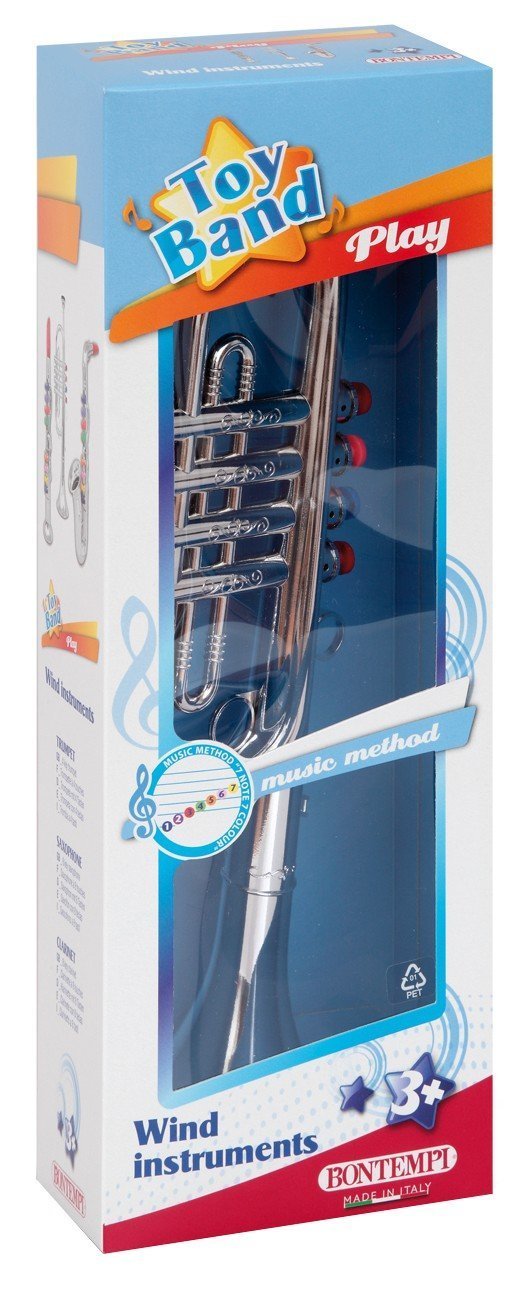 Bontempi toy trumpet with silver-plastic finish gleams during home practice.