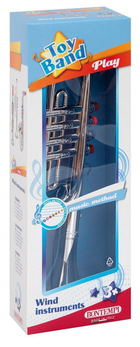 Bontempi toy trumpet with silver-plastic finish gleams during home practice.