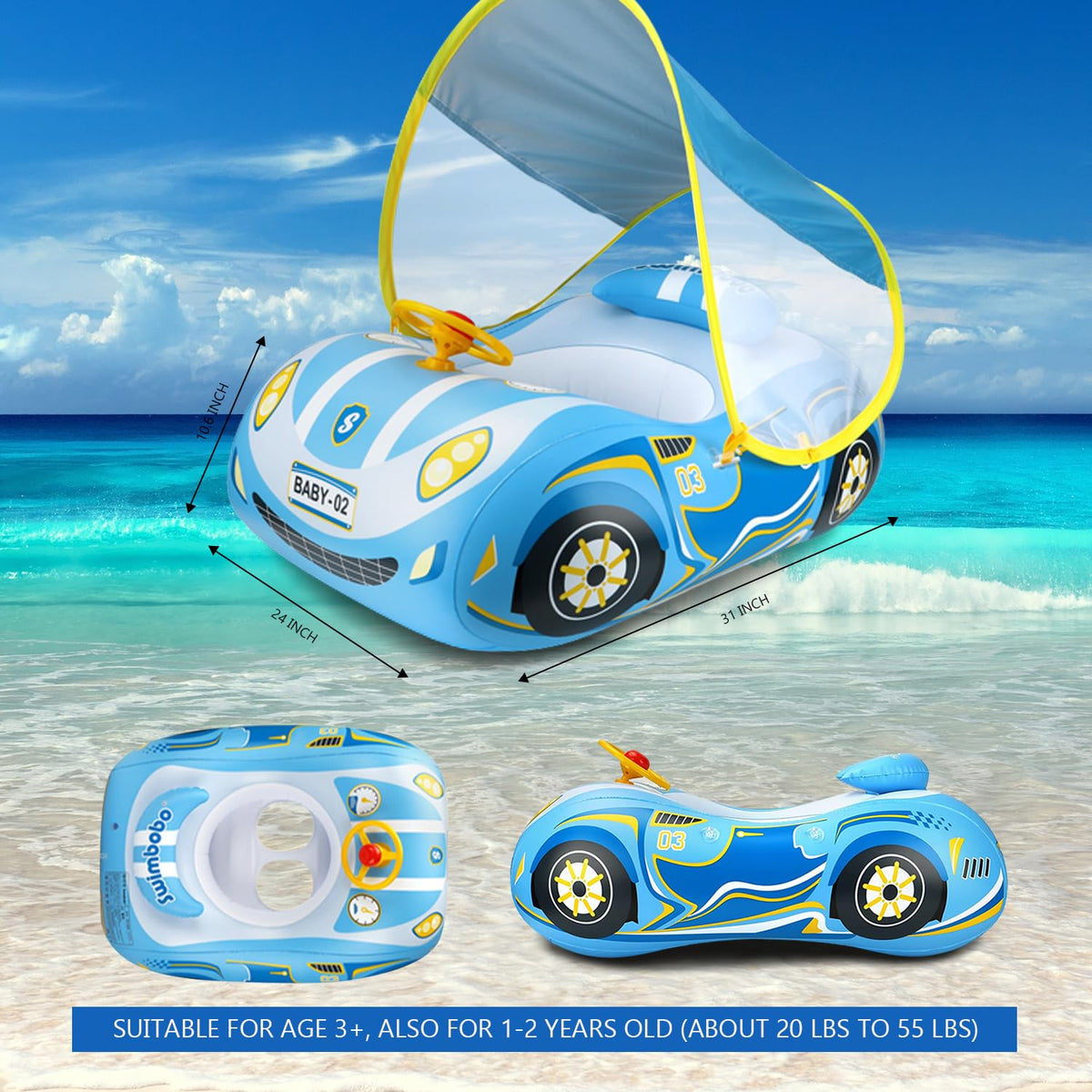BOffer 3D car-shaped toddler float with steering wheel for playful water fun