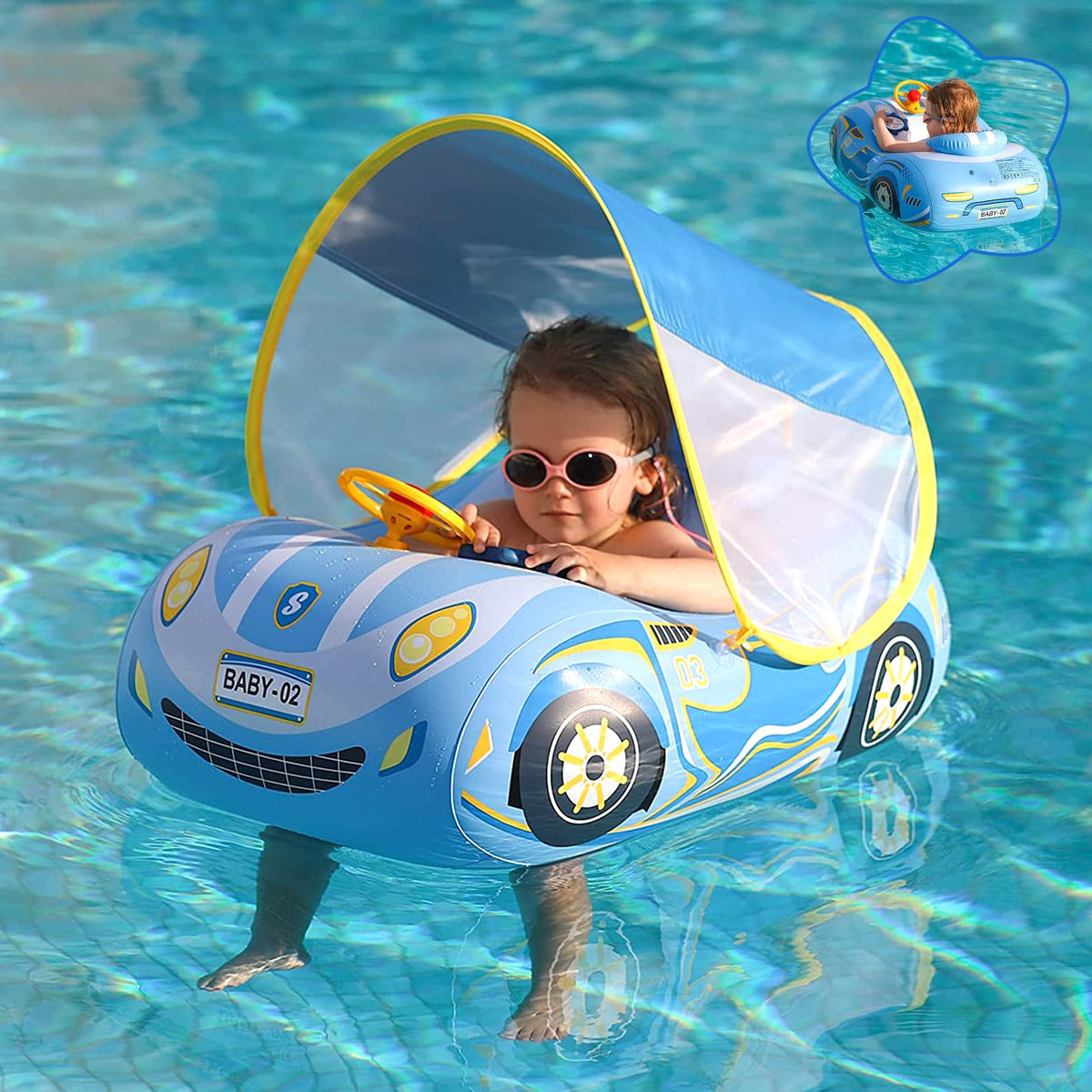 BOffer baby pool float with blue canopy provides shade and comfort