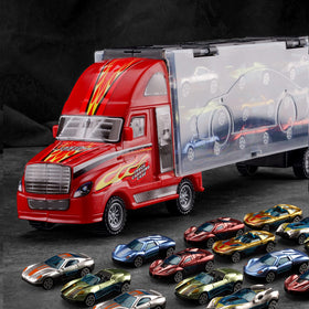 BoomCaCa toy truck carrier with 18 cars ready for imaginative play.