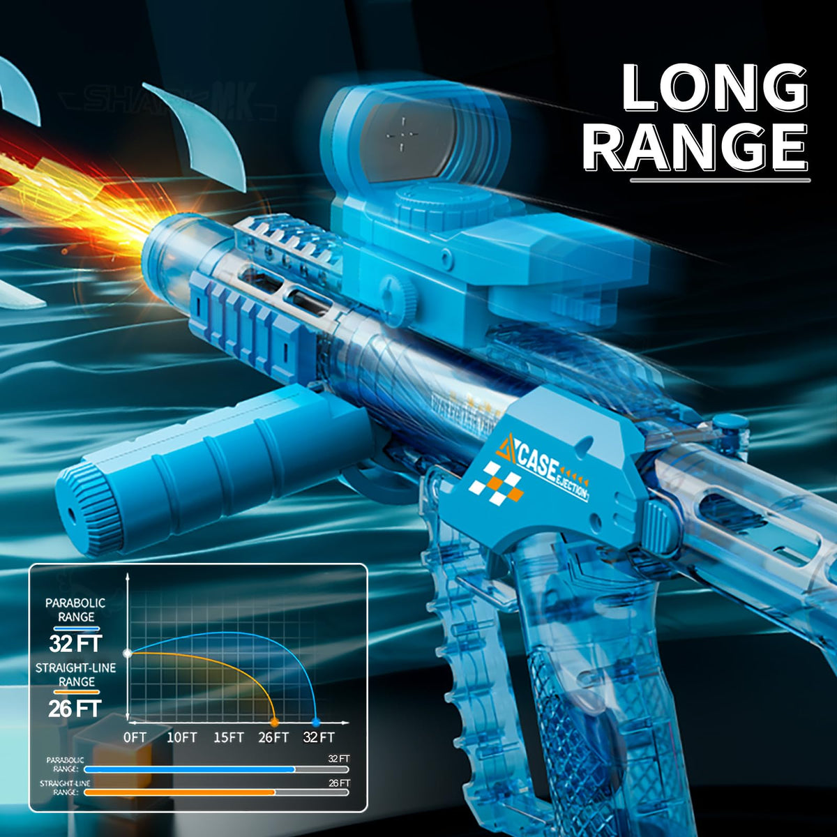 Long-range spray from BoomCaCa water gun powers dramatic outdoor battles.