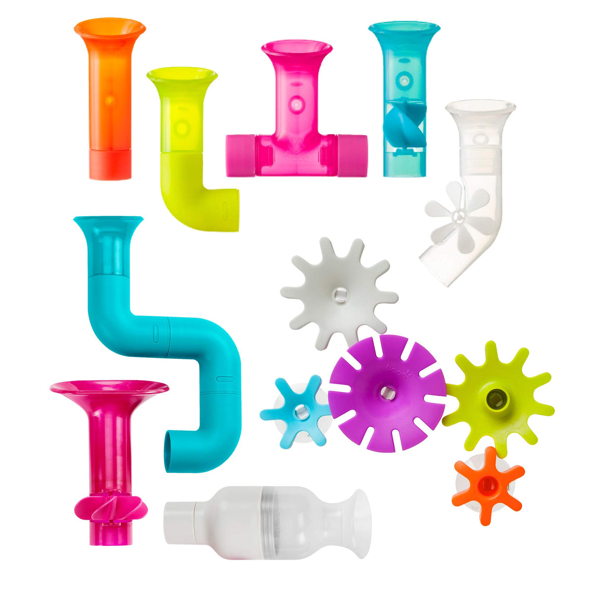 Boon Pipes bath toy showing colorful pipes for build-and-pour play in tub