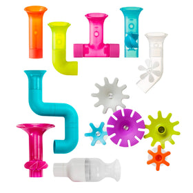 Boon Pipes bath toy showing colorful pipes for build-and-pour play in tub